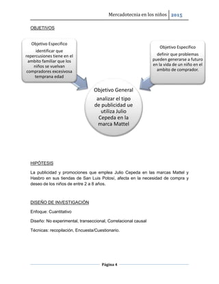 Mercadotecnia en los niños 2015
Página 4
OBJETIVOS
HIPÓTESIS
La publicidad y promociones que emplea Julio Cepeda en las marcas Mattel y
Hasbro en sus tiendas de San Luis Potosí, afecta en la necesidad de compra y
deseo de los niños de entre 2 a 8 años.
DISEÑO DE INVESTIGACIÓN
Enfoque: Cuantitativo
Diseño: No experimental, transeccional, Correlacional causal
Técnicas: recopilación, Encuesta/Cuestionario.
Objetivo General
analizar el tipo
de publicidad ue
utiliza Julio
Cepeda en la
marca Mattel
Objetivo Especifico
identificar que
repercusiones tiene en el
ambito familiar que los
niños se vuelvan
compradores excesivosa
temprana edad
Objetivo Especifico
definir que problemas
pueden generarse a futuro
en la vida de un niño en el
ambito de comprador.
 