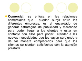 Comercial:  se enfoca en las relaciones comerciales que  puedan surgir entre las diferentes empresas, es el encargado de generar estrategias de publicidad y mercadeo para poder llegar a los clientes y estar en contacto con ellos para poder  atender a las nuevas necesidades que les vayan surgiendo y de tal manera complacerlos para que los clientes se sientan satisfechos con la atención prestada. 