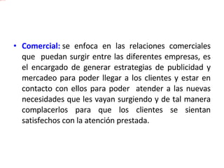 Comercial:  se enfoca en las relaciones comerciales que  puedan surgir entre las diferentes empresas, es el encargado de generar estrategias de publicidad y mercadeo para poder llegar a los clientes y estar en contacto con ellos para poder  atender a las nuevas necesidades que les vayan surgiendo y de tal manera complacerlos para que los clientes se sientan satisfechos con la atención prestada. 