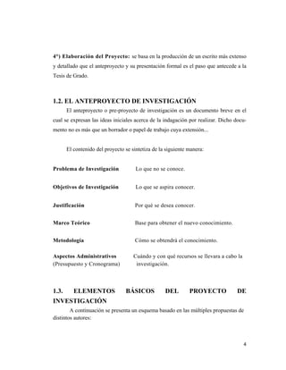 4 
 
4°) Elaboración del Proyecto: se basa en la producción de un escrito más extenso
y detallado que el anteproyecto y su presentación formal es el paso que antecede a la
Tesis de Grado.
1.2. EL ANTEPROYECTO DE INVESTIGACIÓN
El anteproyecto o pre-proyecto de investigación es un documento breve en el
cual se expresan las ideas iniciales acerca de la indagación por realizar. Dicho docu-
mento no es más que un borrador o papel de trabajo cuya extensión...
El contenido del proyecto se sintetiza de la siguiente manera:
Problema de Investigación Lo que no se conoce.
Objetivos de Investigación Lo que se aspira conocer.
Justificación Por qué se desea conocer.
Marco Teórico  Base para obtener el nuevo conocimiento.
Metodología Cómo se obtendrá el conocimiento.
Aspectos Administrativos Cuándo y con qué recursos se llevara a cabo la
(Presupuesto y Cronograma) investigación.
1.3. ELEMENTOS BÁSICOS DEL PROYECTO DE
INVESTIGACIÓN
A continuación se presenta un esquema basado en las múltiples propuestas de
distintos autores:
 