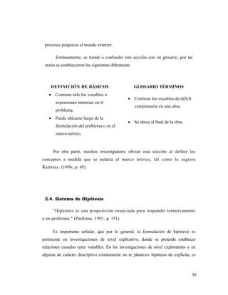 16 
 
procesos psíquicos al mundo exterior.
Erróneamente, se tiende a confundir esta sección con un glosario, por tal
razón se establecieron las siguientes diferencias:
DEFINICIÓN DE BÁSICOS GLOSARIO TÉRMINOS
• Contiene sólo los vocablos o
expresiones inmersas en el
problema.
• Contiene los vocablos de difícil
comprensión en una obra.
• Puede ubicarse luego de la
formulación del problema o en el
marco teórico.
• Se ubica al final de la obra.
Por otra parte, muchos investigadores obvian esta sección al definir los
conceptos a medida que se redacta el marco teórico, tal como lo sugiere
Ramírez. (1996, p. 49).
 
 
2.4. Sistema de Hipótesis
"Hipótesis es una proposición enunciada para responder tentativamente
a un problema." (Pardinas, 1991, p. 151).
Es importante señalar, que por lo general, la formulación de hipótesis es
pertinente en investigaciones de nivel explicativo, donde se pretende establecer
relaciones causales entre variables. En las investigaciones de nivel exploratorio y en
algunas de carácter descriptivo comúnmente no se plantean hipótesis de explícita, es
 