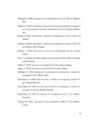 50 
 
Kerlinger, E (1989). Investigación del comportamiento (2a
ed.). México: McGraw-
Hill.
Méndez, C. (1997). Metodología: Guía para la elaboración de diseños de investigación
en ciencias económicas, contables y administrativas (2a
ed.). Bogotá: McGraw-
Hill.
Morles, V (1994). Planeamiento y análisis de investigaciones (8a
ed.). Caracas: El
Dorado.
Pardinas, E (1991). Metodología y técnicas de investigación en ciencias sociales (32a
ed.). México: Siglo Veintiuno.
Ramírez, T (1996). Cómo hacer un proyecto de investigación (3a ed.). Caracas:
Carhel.
Ruiz, C. y Cardelle, M. (1986). Manual de tesis de grado. Puerto Ordaz, Venezuela:
Libros Guayana.
Sabino, C. (1992). El proceso de investigación (2a
ed.). Caracas: Panapo.
Sabino, C. (1994). Cómo hacer una tesis (2a
ed.). Caracas: Panapo.
Schmelkes, C. (1988). Manual para la presentación de anteproyectos e informes de
investigación (tesis). México: Harla.
Sierra Bravo, R. (1988). Tesis doctorales y trabajos de investigación científica (2a
ed.). Madrid: Paraninfo.
Sierra Bravo, R. (1991 a.). Diccionario práctico de estadística y técnicas de
investigación científica. Madrid: Paraninfo.
Sierra Bravo, R. (1991 b.). Técnicas de investigación social (7' ed.). Madrid:
Paraninfo.
Tamayo, M. (1993). Diccionario de la investigación científica (2a
ed.). México:
Limusa.
 