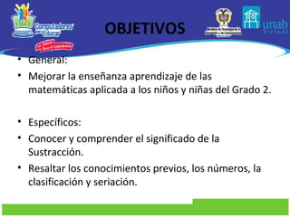 OBJETIVOS
• General:
• Mejorar la enseñanza aprendizaje de las
  matemáticas aplicada a los niños y niñas del Grado 2.

• Específicos:
• Conocer y comprender el significado de la
  Sustracción.
• Resaltar los conocimientos previos, los números, la
  clasificación y seriación.
 