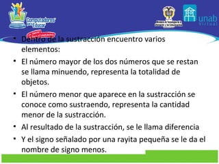 • Dentro de la sustracción encuentro varios
  elementos:
• El número mayor de los dos números que se restan
  se llama minuendo, representa la totalidad de
  objetos.
• El número menor que aparece en la sustracción se
  conoce como sustraendo, representa la cantidad
  menor de la sustracción.
• Al resultado de la sustracción, se le llama diferencia
• Y el signo señalado por una rayita pequeña se le da el
  nombre de signo menos.
 