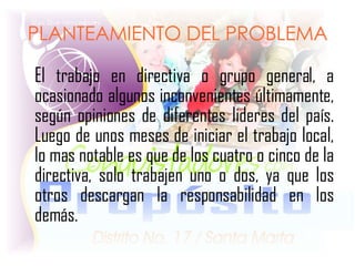 PLANTEAMIENTO DEL PROBLEMA El trabajo en directiva o grupo general, a ocasionado algunos inconvenientes últimamente, según opiniones de diferentes lideres del país. Luego de unos meses de iniciar el trabajo local, lo mas notable es que de los cuatro o cinco de la directiva, solo trabajen uno o dos, ya que los otros descargan la responsabilidad en los demás. 