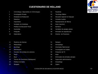 CUESTIONARIO DE HOLLAND   Cajero 60 Abogado 20 Kinesiólogo 59 Profesor de teatro 19 Supervisón administrativo 58 Técnico de Inventarios (Bodeguero) 18 Entrenador de animales salvajes 57 Buzo 17 Actor 56 Poeta 16 Productor de TV 55 Corredor de la bolsas de comercio 15 Investigador de Crédito 54 Bibliotecario 14 Orientador Matrimonial 53 Sociólogo 13 Antropólogo 52 Meteorólogo 12 Relojero 51 Mecánico de Aviones 11 Director  de Financiera 50 Diplomático 10 Animador de espectáculos 49 Fotógrafo 9 Vendedor de pasajes aéreos 48 Humorista 8 Bombero 47 Profesor de Educación Física 7 Autor (escritor) 46 Vendedor de Hortalizas 6 Representante de Fábrica 45 Imprentero 5 Contador Auditor 44 Detective 4 Educador especial en lenguaje 43 Empleado de Restaurant 3 Tecnólogo Médico 42 Investigador Privado 2 Mueblista 41 Criminólogo ( Especialista en Criminología) 1 