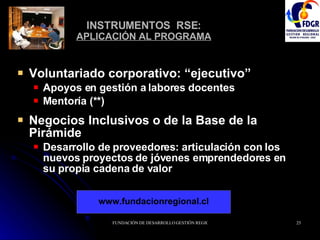 INSTRUMENTOS  RSE:   APLICACIÓN AL PROGRAMA   Voluntariado corporativo: “ejecutivo”  Apoyos en gestión a labores docentes  Mentoría (**) Negocios Inclusivos o de la Base de la Pirámide Desarrollo de proveedores: articulación con los nuevos proyectos de jóvenes emprendedores en su propia cadena de valor www.fundacionregional.cl 