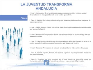 6.   Formación de los Dinamizadores/as.  7.  Difusión a través de Jornadas de información y sensibilación. Experiencias piloto en La Calahorra, Albolote y Otura. 8.  Formación específica a la ciudadanía 9.  Coordinacion entre los dinamizadores para crear un espacio web de referencia para trabajar con las distintas admininistraciones públicas. 10.  Difusión y promoción de todas las actuaciones a través de redes sociales.  - Fase 1: Asignación de la temática con esquema de contenidos mínimo para el desarrollo de un trabajo elaborado en el centro guadalinfo. -  Fase 2: División del trabajo interno del grupo para una posterior clase magistral de los componentes. - Fase 3: Taller Impress. Taller edición de vídeo. Búsqueda de elementos adiovisuales que apoyen la Fase 1. - Fase 4: Promoción del proyecto donde los vecinos conozcan la iniciativa y dias de las exposiciones.  - Fase 5: Clase magistral del grupo: El grupo expone a los vecinos en un acto en el centro guadalinfo, apoyándose de los medios que dispone el centro. - Fase 6 Opcional: Proyección de película temática / Corto video crítico del grupo. - Fase 7: Debate popular. Donde los vecinos expresen sus inquietudes, moderado por el dinamizador. - Fase 8: Creación de post temático en el blog donde se incorpora todos los elementos audiovisuales, así como impresiones y experiencia del proyecto. Fases:   LA JUVENTUD TRANSFORMA ANDALUCIA 