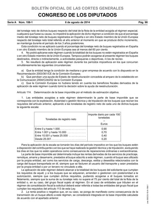 BOLETÍN OFICIAL DE LAS CORTES GENERALES
CONGRESO DE LOS DIPUTADOS
Serie A  Núm. 108-1	 6 de agosto de 2014	 Pág. 98
del tonelaje neto de dichos buques respecto del total de la flota de la entidad acogida al régimen especial,
cualquiera que fuese su causa, no impedirá la aplicación de dicho régimen a condición de que el porcentaje
medio del tonelaje neto de buques registrados en España o en otro Estado miembro de la Unión Europea
respecto del tonelaje neto total referido al año anterior al momento en que se produce dicho incremento,
se mantenga durante el período de los 3 años posteriores.
Esta condición no se aplicará cuando el porcentaje del tonelaje neto de buques registrados en España
o en otro Estado miembro de la Unión Europea sea al menos del 60 por ciento.
4.  No podrá aplicarse este régimen cuando la totalidad de los buques no estén registrados en España
o en otro Estado miembro de la Unión Europea. Tampoco podrán acogerse al presente régimen los buques
destinados, directa o indirectamente, a actividades pesqueras o deportivas, ni los de recreo.
5.  No resultará de aplicación este régimen durante los períodos impositivos en los que concurran
simultáneamente las siguientes circunstancias:
a)  Que la entidad tenga la condición de mediana o gran empresa de acuerdo con lo dispuesto en la
Recomendación 2003/361/CE de la Comisión Europea.
b)  Que perciban una ayuda de Estado de reestructuración concedida al amparo de lo establecido en
la Comunicación 2004/C244/02 de la Comisión Europea.
c)  Que la Comisión Europea no hubiera tenido en cuenta los beneficios fiscales derivados de la
aplicación de este régimen cuando tomó la decisión sobre la ayuda de reestructuración.
Artículo 114.  Determinación de la base imponible por el método de estimación objetiva.
1.  Las entidades acogidas a este régimen determinarán la parte de base imponible que se
corresponda con la explotación, titularidad o gestión técnica y de tripulación de los buques que reúnan los
requisitos del artículo anterior, aplicando a las toneladas de registro neto de cada uno de dichos buques
la siguiente escala:
Toneladas de registro neto
Importe diario por cada 100
toneladas
–
Euros
Entre 0 y hasta 1.000  . . . . . . . . . . . . . . . . .  0,90
Entre 1.001 y hasta 10.000 . . . . . . . . . . . . .  0,70
Entre 10.001 y hasta 25.000 . . . . . . . . . . . .  0,40
Desde 25.001  . . . . . . . . . . . . . . . . . . . . . . .  0,20
Para la aplicación de la escala se tomarán los días del período impositivo en los que los buques estén
a disposición del contribuyente o en los que se haya realizado la gestión técnica y de tripulación, excluyendo
los días en los que no estén operativos como consecuencia de reparaciones ordinarias o extraordinarias.
La parte de base imponible así determinada incluye las rentas derivadas de los servicios de practicaje,
remolque, amarre y desamarre, prestados al buque adscrito a este régimen, cuando el buque sea utilizado
por la propia entidad, así como los servicios de carga, descarga, estiba y desestiba relacionados con la
carga del buque transportada en él, siempre que se facturen al usuario del transporte y sean prestados
por la propia entidad o por un tercero no vinculado a ella.
La aplicación de este régimen deberá abarcar a la totalidad de los buques del solicitante que cumplan
los requisitos de aquél, y a los buques que se adquieran, arrienden o gestionen con posterioridad a la
autorización, siempre que cumplan dichos requisitos, pudiendo acogerse a él buques tomados en
fletamento, siempre que la suma de su tonelaje neto no supere el 75 por ciento del total de la flota de la
entidad o, en su caso, del grupo fiscal sujeto al régimen. En el caso de entidades que tributen en el
régimen de consolidación fiscal la solicitud deberá estar referida a todas las entidades del grupo fiscal que
cumplan los requisitos del artículo 113 de esta Ley.
2.  La renta positiva o negativa que, en su caso, se ponga de manifiesto como consecuencia de la
transmisión de un buque afecto a este régimen, se considerará integrada en la base imponible calculada
de acuerdo con el apartado anterior.
cve:BOCG-10-A-108-1
 