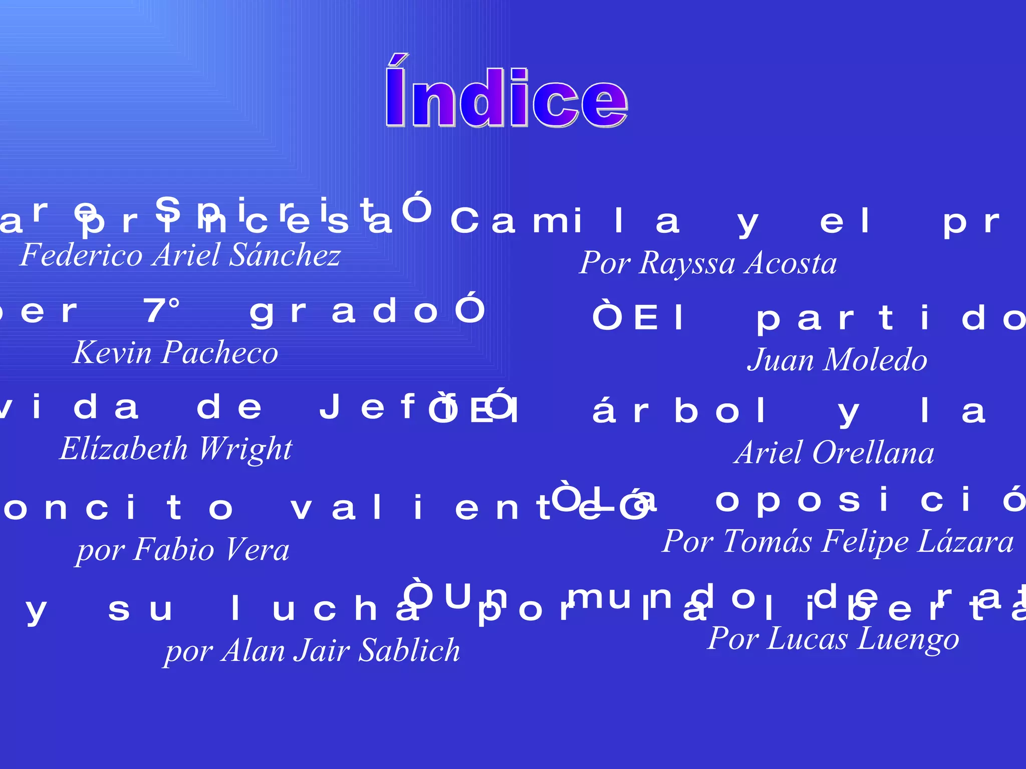 Índice “ Fire Spirit” Federico Ariel Sánchez “ El partido” Juan Moledo “ Super 7° grado” Kevin Pacheco   “ El árbol y la niña” Ariel Orellana   “ La vida de Jeff” Elízabeth Wright “ La princesa y su lucha por la libertad” por Alan Jair Sablich “ El ratoncito valiente” por Fabio Vera  “ La oposición” Por Tomás Felipe Lázara “ La princesa Camila y el príncipe Juan” Por Rayssa Acosta  “ Un mundo de ratones” Por Lucas Luengo 