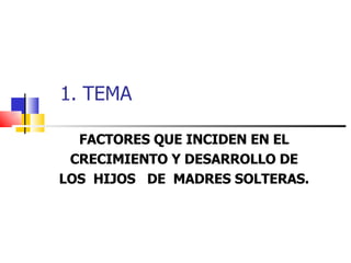 1. TEMA FACTORES QUE INCIDEN EN EL CRECIMIENTO Y DESARROLLO DE LOS  HIJOS  DE  MADRES SOLTERAS. 