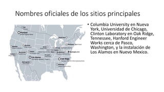 Nombres oficiales de los sitios principales
• Columbia University en Nueva
York, Universidad de Chicago,
Clinton Laboratory en Oak Ridge,
Tennessee, Hanford Engineer
Works cerca de Pasco,
Washington, y la instalación de
Los Alamos en Nuevo Mexico.
 