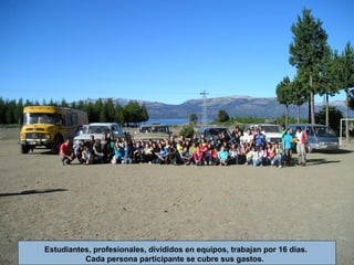 Estudiantes, profesionales, divididos en equipos, trabajan por 16 días.  Cada persona participante se cubre sus gastos.  