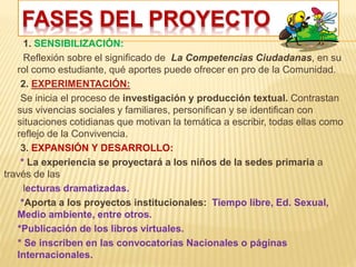 FASES DEL PROYECTO 
1. SENSIBILIZACIÓN: 
Reflexión sobre el significado de La Competencias Ciudadanas, en su 
rol como estudiante, qué aportes puede ofrecer en pro de la Comunidad. 
2. EXPERIMENTACIÓN: 
Se inicia el proceso de investigación y producción textual. Contrastan 
sus vivencias sociales y familiares, personifican y se identifican con 
situaciones cotidianas que motivan la temática a escribir, todas ellas como 
reflejo de la Convivencia. 
3. EXPANSIÓN Y DESARROLLO: 
* La experiencia se proyectará a los niños de la sedes primaria a 
través de las 
lecturas dramatizadas. 
*Aporta a los proyectos institucionales: Tiempo libre, Ed. Sexual, 
Medio ambiente, entre otros. 
*Publicación de los libros virtuales. 
* Se inscriben en las convocatorias Nacionales o páginas 
Internacionales. 
 
