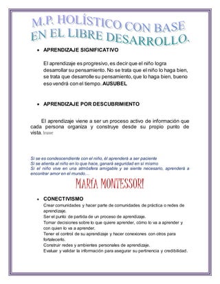  APRENDIZAJE SIGNIFICATIVO
El aprendizaje es progresivo,es decir que el niño logra
desarrollar su pensamiento. No se trata que el niño lo haga bien,
se trata que desarrolle su pensamiento,que lo haga bien, bueno
eso vendrá con el tiempo. AUSUBEL
 APRENDIZAJE POR DESCUBRIMIENTO
El aprendizaje viene a ser un proceso activo de información que
cada persona organiza y construye desde su propio punto de
vista. brunner
Si se es condescendiente con el niño, él aprenderá a ser paciente
Si se alienta al niño en lo que hace, ganará seguridad en sí mismo
Si el niño vive en una atmósfera amigable y se siente necesario, aprenderá a
encontrar amor en el mundo…
MARÍA MONTESSORI
 CONECTIVISMO
Crear comunidades y hacer parte de comunidades de práctica o redes de
aprendizaje.
Ser el punto de partida de un proceso de aprendizaje.
Tomar decisiones sobre lo que quiere aprender, cómo lo va a aprender y
con quien lo va a aprender.
Tener el control de su aprendizaje y hacer conexiones con otros para
fortalecerlo.
Construir redes y ambientes personales de aprendizaje.
Evaluar y validar la información para asegurar su pertinencia y credibilidad.
 