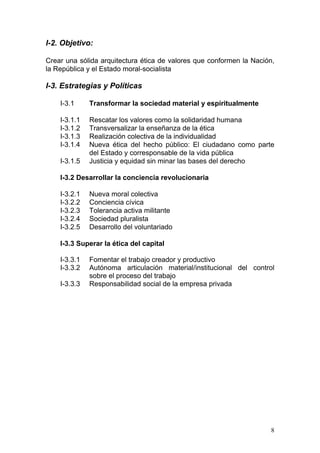 I-2. Objetivo:

Crear una sólida arquitectura ética de valores que conformen la Nación,
la República y el Estado moral-socialista

I-3. Estrategias y Políticas

    I-3.1     Transformar la sociedad material y espiritualmente

    I-3.1.1   Rescatar los valores como la solidaridad humana
    I-3.1.2   Transversalizar la enseñanza de la ética
    I-3.1.3   Realización colectiva de la individualidad
    I-3.1.4   Nueva ética del hecho público: El ciudadano como parte
              del Estado y corresponsable de la vida pública
    I-3.1.5   Justicia y equidad sin minar las bases del derecho

    I-3.2 Desarrollar la conciencia revolucionaria

    I-3.2.1   Nueva moral colectiva
    I-3.2.2   Conciencia cívica
    I-3.2.3   Tolerancia activa militante
    I-3.2.4   Sociedad pluralista
    I-3.2.5   Desarrollo del voluntariado

    I-3.3 Superar la ética del capital

    I-3.3.1   Fomentar el trabajo creador y productivo
    I-3.3.2   Autónoma articulación material/institucional del control
              sobre el proceso del trabajo
    I-3.3.3   Responsabilidad social de la empresa privada




                                                                     8
 