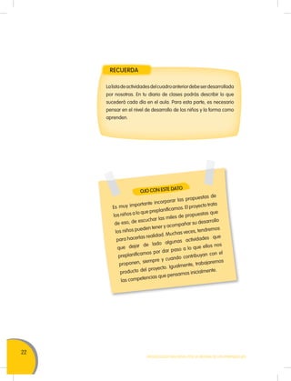 22
MOVILIZACIÓN NACIONAL POR LA MEJORA DE LOS APRENDIZAJES
Es muy importante incorporar las propuestas de
los niños a lo que preplanificamos. El proyecto trata
de eso, de escuchar las miles de propuestas que
los niños pueden tener y acompañar su desarrollo
para hacerlas realidad. Muchas veces, tendremos
que dejar de lado algunas actividades que
preplanificamos por dar paso a lo que ellos nos
proponen, siempre y cuando contribuyan con el
producto del proyecto. Igualmente, trabajaremos
las competencias que pensamos inicialmente.
OJO CON ESTE DATO
RECUERDA
Lalistadeactividadesdelcuadroanteriordebeserdesarrollada
por nosotras. En tu diario de clases podrás describir lo que
sucederá cada día en el aula. Para esta parte, es necesario
pensar en el nivel de desarrollo de los niños y la forma como
aprenden.
 