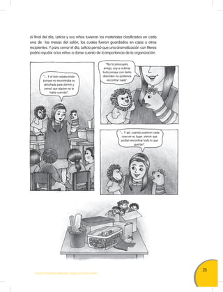 25
TODOS PODEMOS APRENDER, NADIE SE QUEDA ATRÁS
Al final del día, Leticia y sus niños tuvieron los materiales clasificados en cada
una de las mesas del salón, los cuales fueron guardados en cajas u otros
recipientes. Y para cerrar el día, Leticia pensó que una dramatización con títeres
podría ayudar a los niños a darse cuenta de la importancia de la organización.
“… Y el león estaba triste
porque no encontraba su
almohada para dormir y
pensó que alguien se la
había comido”.
“No te preocupes,
amigo, voy a ordenar
todo porque con tanto
desorden no podemos
encontrar nada”.
“… Y así, cuando pusieron cada
cosa en su lugar, vieron que
podían encontrar todo lo que
querían”.
 