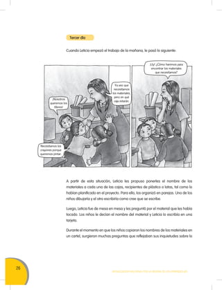 26
MOVILIZACIÓN NACIONAL POR LA MEJORA DE LOS APRENDIZAJES
Cuando Leticia empezó el trabajo de la mañana, le pasó lo siguiente:
A partir de esta situación, Leticia les propuso ponerles el nombre de los
materiales a cada una de las cajas, recipientes de plástico o latas, tal como lo
habían planificado en el proyecto. Para ello, los organizó en parejas. Uno de los
niños dibujaría y el otro escribiría como cree que se escribe.
Luego, Leticia fue de mesa en mesa y les preguntó por el material que les había
tocado. Los niños le decían el nombre del material y Leticia lo escribía en una
tarjeta.
Durante el momento en que los niños copiaron los nombres de los materiales en
un cartel, surgieron muchas preguntas que reflejaban sus inquietudes sobre lo
Tercer día
Necesitamos los
crayones porque
queremos pintar.
¡Uy! ¿Cómo haremos para
encontrar los materiales
que necesitamos?
¡Nosotros
queremos los
títeres!
Ya veo que
necesitamos
los materiales,
pero en qué
caja estarán.
 