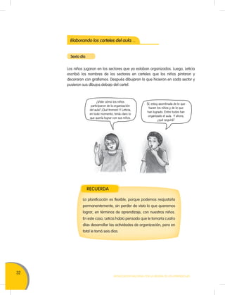 32
MOVILIZACIÓN NACIONAL POR LA MEJORA DE LOS APRENDIZAJES
Elaborando los carteles del aula…
Sexto día
Los niños jugaron en los sectores que ya estaban organizados. Luego, Leticia
escribió los nombres de los sectores en carteles que los niños pintaron y
decoraron con grafismos. Después dibujaron lo que hicieron en cada sector y
pusieron sus dibujos debajo del cartel.
¿Viste cómo los niños
participaron de la organización
del aula? ¡Qué tromes! Y Leticia,
en todo momento, tenía claro lo
que quería lograr con sus niños.
Sí, estoy asombrada de lo que
hacen los niños y de lo que
han logrado. Entre todos han
organizado el aula. Y ahora,
¿qué seguirá?
La planificación es flexible, porque podemos reajustarla
permanentemente, sin perder de vista lo que queremos
lograr, en términos de aprendizaje, con nuestros niños.
En este caso, Leticia había pensado que le tomaría cuatro
días desarrollar las actividades de organización, pero en
total le tomó seis días.
RECUERDA
 