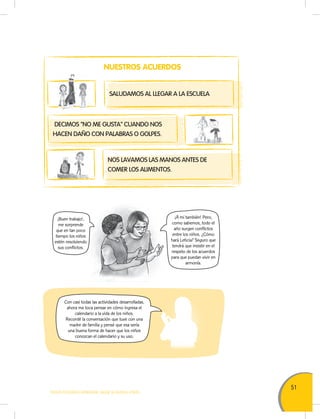 51
TODOS PODEMOS APRENDER, NADIE SE QUEDA ATRÁS
¡Buen trabajo!,
me sorprende
que en tan poco
tiempo los niños
estén resolviendo
sus conflictos.
¡A mí también! Pero,
como sabemos, todo el
año surgen conflictos
entre los niños. ¿Cómo
hará Leticia? Seguro que
tendrá que insistir en el
respeto de los acuerdos
para que puedan vivir en
armonía.
Con casi todas las actividades desarrolladas,
ahora me toca pensar en cómo ingresa el
calendario a la vida de los niños.
Recordé la conversación que tuve con una
madre de familia y pensé que esa sería
una buena forma de hacer que los niños
conozcan el calendario y su uso.
NUESTROS ACUERDOS
SALUDAMOS AL LLEGAR A LA ESCUELA
DECIMOS "NO ME GUSTA" CUANDO NOS
HACEN DAÑO CON PALABRAS O GOLPES.
NOS LAVAMOS LAS MANOS ANTES DE
COMER LOS ALIMENTOS.
 