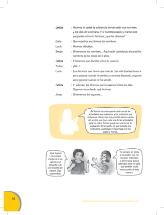 58
MOVILIZACIÓN NACIONAL POR LA MEJORA DE LOS APRENDIZAJES
Leticia : Hicimos el cartel de asistencia donde están sus nombres
y los días de la semana. Y si nuestros papás y mamás nos
preguntan cómo lo hicimos, ¿qué les diremos?
Carla : Que nosotros escribimos los nombres.
Lucía : Hicimos dibujitos.
Sergio : Ordenamos los nombres… Aquí están (señalando el cartel) los
nombres de los niños de 3 años.
Leticia : Y tenemos que decirles cómo lo usamos.
Todos : ¡Sííí…!
Lucía : Les decimos que tienen que marcar con esta (haciendo una x
en la pizarra) cuando ha venido y con esta (haciendo un punto
en la pizarra) cuando no ha venido.
Leticia : Y, además, les diremos que lo usamos todos los días...
Sigamos recordando qué hicimos.
Jorge : Ordenamos los juguetes…
Así fuimos reconstruyendo cada una de las
actividades que realizamos y los productos que
obtuvimos. Hacer esto me permitió darme cuenta
del sentido que tuvo cada una de las actividades
para los niños. Si bien puede ser una forma de
evaluación del proyecto, lo que buscaba era
motivarlos a participar en la jornada con los
papás y mamás.
Yo siempre les pedía
a mis padres que me
enviaran materiales
o dinero para alguna
actividad, pero no sabía
que también podía
involucrarlos de esta
manera.
¡Qué bueno!
Leticia logró
involucrar a los
padres en el
proyecto y de
una manera tan
natural. Sigo
sorprendida.
 