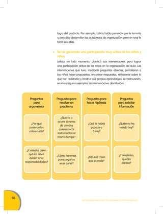 66
Movilización Nacional por la Mejora de los Aprendizajes
Preguntas
para
argumentar
Preguntas para
resolver un
problema
Preguntas para
hacer hipótesis
Preguntas
para solicitar
información
¿Por qué
pusieron los
colores acá?
¿Qué va a
ocurrir si varios
de ustedes
quieren tocar
instrumentos al
mismo tiempo?
¿Qué le habrá
pasado a
Carla?
¿Quién no ha
venido hoy?
¿Y ustedes creen
qué los niños
deben tener
responsabilidades?
¿Cómo haremos
para pegarlos
en el cartel?
¿Por qué creen
que es mala?
¿Y a ustedes,
qué les
parece?
logro del producto. Por ejemplo, Leticia había pensado que le tomaría
cuatro días desarrollar las actividades de organización, pero en total le
tomó seis días.
c. 	Se ha generado una participación muy activa de los niños y
niñas
	 Leticia, en todo momento, planificó sus intervenciones para lograr
una participación activa de los niños en la organización del aula. Las
intervenciones que tuvo, mediante preguntas abiertas, permitieron a
los niños hacer propuestas, encontrar respuestas, reflexionar sobre lo
que han realizado y construir sus propios aprendizajes. A continuación,
veamos algunos ejemplos de intervenciones planificadas:
 