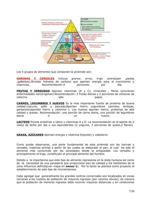 Los 5 grupos de alimentos que componen la pirámide son:
HARINAS Y CEREALES Incluye granos: arroz, trigo ,avena(pan ,pastas
,galletitas).Brindan hidratos de carbono que aportan energía para el crecimiento y
vitaminas. Recomendación:4 porciones por día.
FRUTAS Y VERDURAS Aportan vitaminas (A y C), minerales , fibras (previenen
enfermedades cancerigenas).Recomendación: 2 frutas diarias y 2 porciones de verduras de
color(no sólo papa).
CARNES, LEGUMBRES Y HUEVOS Es la mas importante fuente de proteína de buena
calidad.(vacuna, pollo y pescado)Aportan hierro Legumbres (porotos, lentejas,
garbanzos)aportan hierro y vitamina c. Los huevos aportan hierro, proteínas de alta
calidad y grasas. Recomendación: una porción de carne diaria, una porción de legumbres
diaria o un huevo.
LACTEOS Provee proteínas y calcio y vitaminas A y D. La recomendación es el aporte de 2
vasos de leche por día o sus equivalentes (2 yogures, 2 porciones de queso,2 flanes)
GRASA, AZÚCARES Aportan energía y vitamina E(aceite) y colesterol.
Como puede observarse, una parte fundamental de esta pirámide son las harinas y
cereales, materias primas a partir de las cuales es elaborado el pan, el cual ha sido el
alimento más consumido por las sociedades desde la antigüedad. Los cereales y
principalmente el trigo, constituyen el principal alimento del hombre.
Debido a la importancia que este tipo de alimento representa en la dieta humana así como
de la necesidad de una panadería que proporcione pan de calidad a los habitantes de la
zona influencia definida(ver mapa en anexo 1). Por lo tanto se plantea como proyecto el
establecimiento de este tipo de microempresa.
Cabe agregar que generalmente los grandes centros comerciales son localizados en zonas
cercanas a los núcleos de población de mayores ingresos (por razones obvias), de manera
que la población de menores ingresos debe recorrer mayores distancias y en condiciones
7/50
 