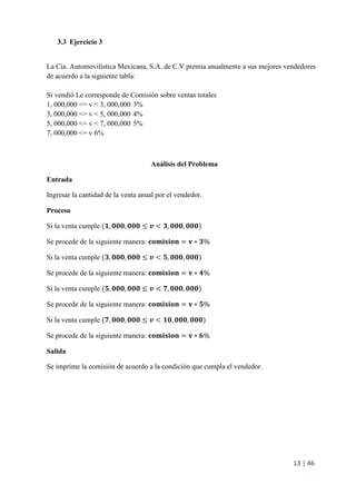 13 | 46
3.3 Ejercicio 3
La Cía. Automovilística Mexicana, S.A. de C.V premia anualmente a sus mejores vendedores
de acuerdo a la siguiente tabla:
Si vendió Le corresponde de Comisión sobre ventas totales
1, 000,000 <= v < 3, 000,000 3%
3, 000,000 <= v < 5, 000,000 4%
5, 000,000 <= v < 7, 000,000 5%
7, 000,000 <= v 6%
Análisis del Problema
Entrada
Ingresar la cantidad de la venta anual por el vendedor.
Proceso
Si la venta cumple (𝟏, 𝟎𝟎𝟎, 𝟎𝟎𝟎 ≤ 𝒗 < 𝟑, 𝟎𝟎𝟎, 𝟎𝟎𝟎)
Se procede de la siguiente manera: 𝐜𝐨𝐦𝐢𝐬𝐢𝐨𝐧 = 𝐯 ∗ 𝟑%
Si la venta cumple (𝟑, 𝟎𝟎𝟎, 𝟎𝟎𝟎 ≤ 𝒗 < 𝟓, 𝟎𝟎𝟎, 𝟎𝟎𝟎)
Se procede de la siguiente manera: 𝐜𝐨𝐦𝐢𝐬𝐢𝐨𝐧 = 𝐯 ∗ 𝟒%
Si la venta cumple (𝟓, 𝟎𝟎𝟎, 𝟎𝟎𝟎 ≤ 𝒗 < 𝟕, 𝟎𝟎𝟎, 𝟎𝟎𝟎)
Se procede de la siguiente manera: 𝐜𝐨𝐦𝐢𝐬𝐢𝐨𝐧 = 𝐯 ∗ 𝟓%
Si la venta cumple (𝟕, 𝟎𝟎𝟎, 𝟎𝟎𝟎 ≤ 𝒗 < 𝟏𝟎, 𝟎𝟎𝟎, 𝟎𝟎𝟎)
Se procede de la siguiente manera: 𝐜𝐨𝐦𝐢𝐬𝐢𝐨𝐧 = 𝐯 ∗ 𝟔%
Salida
Se imprime la comisión de acuerdo a la condición que cumpla el vendedor.
 