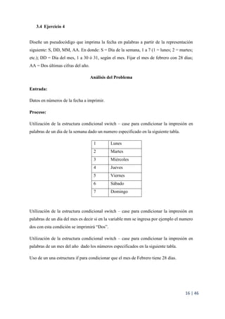 16 | 46
3.4 Ejercicio 4
Diseñe un pseudocódigo que imprima la fecha en palabras a partir de la representación
siguiente: S, DD, MM, AA. En donde: S = Día de la semana, 1 a 7 (1 = lunes; 2 = martes;
etc.); DD = Día del mes, 1 a 30 ó 31, según el mes. Fijar el mes de febrero con 28 días;
AA = Dos últimas cifras del año.
Análisis del Problema
Entrada:
Datos en números de la fecha a imprimir.
Proceso:
Utilización de la estructura condicional switch – case para condicionar la impresión en
palabras de un dia de la semana dado un numero especificado en la siguiente tabla.
1 Lunes
2 Martes
3 Miércoles
4 Jueves
5 Viernes
6 Sábado
7 Domingo
Utilización de la estructura condicional switch – case para condicionar la impresión en
palabras de un día del mes es decir si en la variable mm se ingresa por ejemplo el numero
dos con esta condición se imprimirá “Dos”.
Utilización de la estructura condicional switch – case para condicionar la impresión en
palabras de un mes del año dado los números especificados en la siguiente tabla.
Uso de un una estructura if para condicionar que el mes de Febrero tiene 28 días.
 