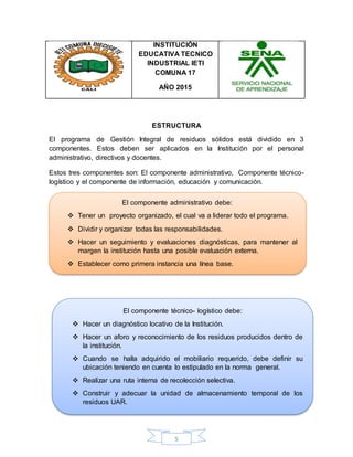 5
INSTITUCIÓN
EDUCATIVA TECNICO
INDUSTRIAL IETI
COMUNA 17
AÑO 2015
ESTRUCTURA
El programa de Gestión Integral de residuos sólidos está dividido en 3
componentes. Estos deben ser aplicados en la Institución por el personal
administrativo, directivos y docentes.
Estos tres componentes son: El componente administrativo, Componente técnico-
logístico y el componente de información, educación y comunicación.
El componente administrativo debe:
 Tener un proyecto organizado, el cual va a liderar todo el programa.
 Dividir y organizar todas las responsabilidades.
 Hacer un seguimiento y evaluaciones diagnósticas, para mantener al
margen la institución hasta una posible evaluación externa.
 Establecer como primera instancia una línea base.
 Proyectar ideas y gestionar los recursos para la Institución.
El componente técnico- logístico debe:
 Hacer un diagnóstico locativo de la Institución.
 Hacer un aforo y reconocimiento de los residuos producidos dentro de
la institución.
 Cuando se halla adquirido el mobiliario requerido, debe definir su
ubicación teniendo en cuenta lo estipulado en la norma general.
 Realizar una ruta interna de recolección selectiva.
 Construir y adecuar la unidad de almacenamiento temporal de los
residuos UAR.
 Contratar personal que se haga cargo de la ruta interna y la UAR.
 