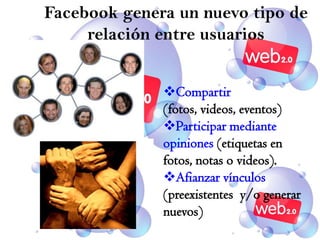 Facebook genera un nuevo tipo de relación entre usuariosCompartir (fotos, videos, eventos)