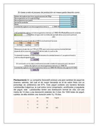 En base a esto el proceso de producción en masa queda descrito como:
Planteamiento 3: La compañía Danone® produce una gran cantidad de yogurt de
diversos sabores, del cual el de mayor demanda es el de sabor fresa con un
porcentaje de preferencia del 67%. Este yogurt contiene una bacteria llamada
Lactobacillus bulgaricus, la cual actúa como conservador, acidificante y coagulante
del yogurt; este Lactobacillus tienen una distribución normal de vida, con una
media de 14 días y una desviación estándar de 2 días. De 1000 botes de yogurt,
cuántos de ellos tendrán una duración entre 9 y 19 días.
N= 1000 Yogurts
m m= 14
s s= 2
n X= 8.5 19.5
 