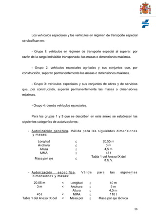 56
Los vehículos especiales y los vehículos en régimen de transporte especial
se clasifican en:
- Grupo 1: vehículos en régimen de transporte especial al superar, por
razón de la carga indivisible transportada, las masas o dimensiones máximas.
- Grupo 2: vehículos especiales agrícolas y sus conjuntos que, por
construcción, superan permanentemente las masas o dimensiones máximas.
- Grupo 3: vehículos especiales y sus conjuntos de obras y de servicios
que, por construcción, superan permanentemente las masas o dimensiones
máximas.
- Grupo 4: demás vehículos especiales.
Para los grupos 1 y 3 que se describen en este anexo se establecen las
siguientes categorías de autorizaciones:
- Autorización genérica. Válida para las siguientes dimensiones
y masas:
Longitud  20,55 m
Anchura  3 m
Altura  4,5 m
MMA  45 t
Masa por eje 
Tabla 1 del Anexo IX del
R.G.V.
- Autorización específica. Válida para las siguientes
dimensiones y masas:
20,55 m < Longitud  40 m
3 m < Anchura  5 m
Altura  4,5 m
45 t < MMA  110 t
Tabla 1 del Anexo IX del < Masa por  Masa por eje técnica
 