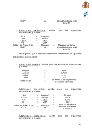 57
R.G.V. eje admisible indicada en la
ficha ITV
- Autorización excepcional. Válida para las siguientes
dimensiones y masas:
40 m < Longitud
5 m < Anchura
4,50 m < Altura
110 t < MMA
Tabla 1 del Anexo IX del
R.G.V.
< Masa por
eje
 Masa por eje técnica
admisible indicada en la
ficha ITV
Para el grupo 2 que se describe en este anexo se establecen las siguientes
categorías de autorizaciones:
- Autorización genérica. Válida para las siguientes dimensiones
y masas:
Longitud  15 m
Anchura  3,75 m
Altura  4 m
MMA  15 t
Masa por eje 
del Anexo IX del Reglamento
General de Vehículos
- Autorización específica. Válida para las siguientes
dimensiones y masas:
15 m < Longitud  20,55 m
3,75 m < Anchura  3,90 m
4 m < Altura  4,5 m
15 t < MMA  20 t
límites del Anexo IX del
R.G.V.
<
Masa por
eje
 Masa por eje técnica
admisible indicada en
la ficha ITV
- Autorización excepcional. Válida para las siguientes
dimensiones y masas:
 