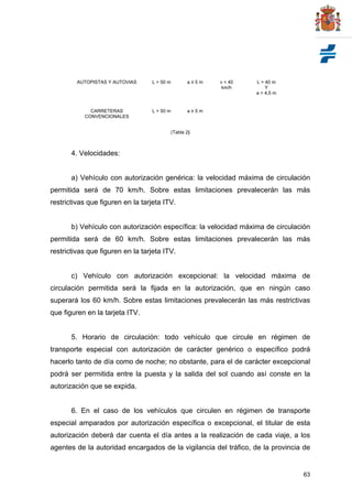 63
AUTOPISTAS Y AUTOVIAS L > 50 m a ≥ 5 m v < 40
km/h
L > 40 m
Y
a > 4,5 m
CARRETERAS
CONVENCIONALES
L > 50 m a ≥ 5 m
(Tabla 2)
4. Velocidades:
a) Vehículo con autorización genérica: la velocidad máxima de circulación
permitida será de 70 km/h. Sobre estas limitaciones prevalecerán las más
restrictivas que figuren en la tarjeta ITV.
b) Vehículo con autorización específica: la velocidad máxima de circulación
permitida será de 60 km/h. Sobre estas limitaciones prevalecerán las más
restrictivas que figuren en la tarjeta ITV.
c) Vehículo con autorización excepcional: la velocidad máxima de
circulación permitida será la fijada en la autorización, que en ningún caso
superará los 60 km/h. Sobre estas limitaciones prevalecerán las más restrictivas
que figuren en la tarjeta ITV.
5. Horario de circulación: todo vehículo que circule en régimen de
transporte especial con autorización de carácter genérico o específico podrá
hacerlo tanto de día como de noche; no obstante, para el de carácter excepcional
podrá ser permitida entre la puesta y la salida del sol cuando así conste en la
autorización que se expida.
6. En el caso de los vehículos que circulen en régimen de transporte
especial amparados por autorización específica o excepcional, el titular de esta
autorización deberá dar cuenta el día antes a la realización de cada viaje, a los
agentes de la autoridad encargados de la vigilancia del tráfico, de la provincia de
 