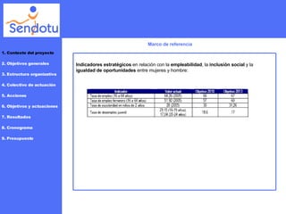 Marco de referencia 1. Contexto del proyecto 2. Objetivos generales 3. Estructura organizativa 4. Colectivo de actuación 5. Acciones 6. Objetivos y actuaciones 7. Resultados 8. Cronograma 9. Presupuesto Indicadores estratégicos  en relación con la  empleabilidad , la  inclusión social  y la  igualdad de oportunidades  entre mujeres y hombre: 