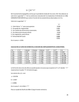 28
Q =
1
𝑛
AR 2/3
S1/2
Del levantamientotopográfico vemos que la pendiente media del río es de 1.3%. Para obtener un
valor de la rugosidad " n " de las condicionesnaturales del rio empleamos el métodode U.E. BOIL
CONSERVATION SERVICE que está en función de las características observadas en el rio.
Valor de la rugosidad '' n''
"n"
1.- Valor básico " n " para cauce gravoso 0.028
2.- Por grado de irregularidad 0.005
3.- Por cambio de dimensiones ocasionales 0.005
4.- Por obstrucción de poco efecto 0.010
5.-Por vegetación, poco efecto 0.005
6- Tortuosidad del cauce 0.000
0.053
Por lo tanto n = 0.053
CALCULO DE LA CURVA DE AFORO EN LA SECCION DEL EMPLAZANIENT0 DE LA BOCATOMA.
Yn “n” A(m2) P(mts) R(mts) S1/2
R 2/3
Q
0.50 0.053 3.87 11.53 0.336 0.114 0.483 4.021
1.00 0.053 12.45 23.00 0.541 0.114 0.664 17.784
2.00 0.053 41.11 31.64 1.299 0.114 1.191 105.330
2.50 0.053 57.71 33.94 1.700 0.114 1.424 176.789
3.00 0.053 74.65 36.16 2.064 0.114 1.621 260.320
4.00 0.053 112.38 39.20 2.867 0.114 2.018 487.872
4.50 0.053 137.9*3 41.90 3.292 0.114 2.213 656.650
La forma de esta curva de aforo,se puede ajustar a la curva cuya ecuacion es Y= a hb
,donde : " Y "
respresenta el caudal; "h" al tirante de agua.
Los vaiores de a, b, r son:
a = 19.6718
b = 2.3417
r = 0.9995
Por lo tanto Y = 19. 6718 h 2.3417
Para un caudal de Diseño de 498 m3
/seg el tirante normal es:
 