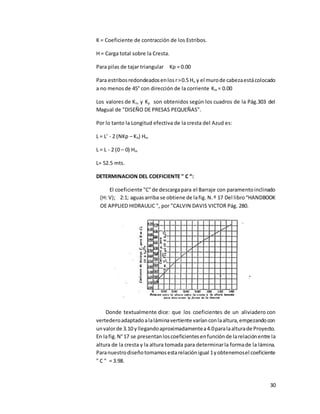 30
K = Coeficiente de contracción de los Estribos.
H = Carga total sobre la Cresta.
Para pilas de tajar triangular Kp = 0.00
Para estribosredondeadosenlosr>0.5 Ho y el murode cabezaestácolocado
a no menos de 45° con dirección de la corriente Km = 0.00
Los valores de Km y Kp son obtenidos según los cuadros de la Pág.303 del
Magual de "DISEÑO DE PRESAS PEQUEÑAS".
Por lo tanto la Longitud efectiva de la cresta del Azud es:
L = L' - 2 (NKp – KA) Hm
L = L - 2 (0 – 0) Hm
L= 52.5 mts.
DETERMINACION DEL COEFICIENTE " C “:
El coeficiente "C"de descargapara el Barraje con paramentoinclinado
(H: V); 2:1; aguasarriba se obtiene de lafig. N.º 17 Del libro“HANDBOOK
OE APPLIED HIDRAULIC ", por "CALVIN DAVIS VICTOR Pág. 280.
Donde textualmente dice: que los coeficientes de un aliviadero con
vertederoadaptadoalaláminavertiente varíanconlaaltura,empezandocon
unvalorde 3.10 yllegandoaproximadamentea4.0paralaalturade Proyecto.
En lafig.N°17 se presentanloscoeficientesenfunciónde larelaciónentre la
altura de la cresta y la altura tomada para determinarla formade la lámina.
Paranuestrodiseñotomamosestarelaciónigual 1yobtenemosel coeficiente
" C " = 3.98.
 