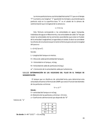 43
. .
La mismapartículatiene unaVelocidadHorizontal"V"que enel tiempo
"T" la arrastra una longitud "L" igualando lostiempos y asumiendo que la
partícula está en la superficie ósea "h" es el calado de la cámara de
sedimentación que la longitud de la cámara es:
L = h V / w
Esta fórmula corresponde a las velocidades en aguas tranquilas,
tratándose de aguasenMovimiento, alasvelocidadesde caída"w"hayque
restar las velocidades de las corrientes ascendentes que estan en funcion
de la velocidad longitudinal,larugosidadyel calado.Esdecirse consideran
losefectosde laturbulenciaporlotantolafórmulaparacalcularlalongitud
del pozo es:
L = (h V)/ (w-w”)
Siendo:
L = Longitud del tanque en metros.
H = Altura de caída (profundidad del tanque).
V = Velocidad en el tanque, m/seg.
N = Velocidad de caída de partículas (m/seg.)
w” = Corrección de la velocidad de caída por turbulencia.
5.3.1.2.2 DETERMINACIÓN DE LAS VELOCIDAD DEL FLUJO EN EL TANQUE DE
SEDIMENTACIÓN
El tanque que se diseña es de velocidad lenta, para determinar esta
velocidadutilizamoslafórmulade CAMP que está enfuncióndel diámetro
de las partículas a eliminar.
V = a d 1/2
Dónde:
V = velocidad del tanque en m/seg.
d= Diámetro de las partículas a eliminar = 0.5 mm.
a = Coeficiente adimensional que depende de “d”
Valores de "a"
d a
1 36
1.02 44
0.1 51
De donde: V= 44 * (0.5)1/2
= 31 cm/seg.
 