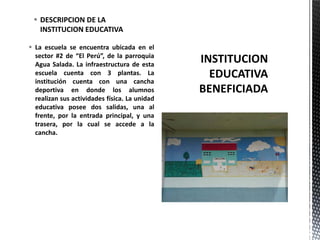  La escuela se encuentra ubicada en el
sector #2 de “El Perú”, de la parroquia
Agua Salada. La infraestructura de esta
escuela cuenta con 3 plantas. La
institución cuenta con una cancha
deportiva en donde los alumnos
realizan sus actividades física. La unidad
educativa posee dos salidas, una al
frente, por la entrada principal, y una
trasera, por la cual se accede a la
cancha.
 DESCRIPCION DE LA
INSTITUCION EDUCATIVA
 