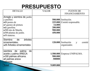 PRESUPUESTO DETALLE VALOR FUENTE DE FINANCIAMIENTO Arreglo y siembra de  jardín y pasillos: 80 postes de  5 gaones de pintura de gasolina. 200 mts de Manila. 300 plantas de jardin. 30 materas. 500.000 225.000 14.000 200.000 900.000 450.000 Institución. Comité responsable. Siembra de árboles ornamentales; 20 Árboles ornamentales 120.000 Institución y comité organizador. siembra de palma de aceite y palma ARECA 100 palmas africana. 6 palmas areca abonos 1.500.000 900.000 300000 Empresa UNIPALMA. Total 9.009.000 