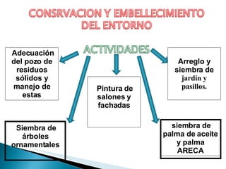 Adecuación del pozo de residuos sólidos y manejo de estas Pintura de salones y fachadas Arreglo y siembra de  jardín y pasillos. Siembra de árboles ornamentales siembra de palma de aceite y palma ARECA 