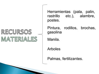 Herramientas (pala, palin, rastrillo etc.), alambre, postes. Pintura, rodillos, brochas, gasolina Manila. Arboles Palmas, fertilizantes. 