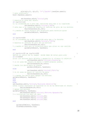 plot(q(:,1), q(:,2), 'r*','parent',handles.axes1);
% para graficarlo
hold (handles.axes1);

         set(handles.edit4,'string',t);
% muestra el area del objeto
if (cy/t)<=120                                                            %
si la cordenada en x esta del centroide esta mas a la izquierda
             set(handles.edit5,'string','CW');
% esta mas a la izqueirda muestra el sentido de giro de los motores
             fwrite(handles.bt,(9));
% y manda el valor binario por bluetooth para hacerlos girar
             guidata(hObject, handles);
end

if (cy/t)>=200                                                            %
si la coordeana en x del centroide esta mas a la derecha
             set(handles.edit5,'string','CCW');
% muestra el sentido de giro de los motores
             fwrite(handles.bt,(6));
% y manda el dato por el bluetooth para que giren en ese sentido
             guidata(hObject, handles);
end

if (cy/t)>=120 && (cy/t)<=200                                             %
define el centro de la imagen donde debe de estar para acer
if t<=50000                                                           %
girar los motores para delante o apagarlos si alcanzo el objetivo
                set(handles.edit5,'string','Avanza');
% si el area del objeto es menor a 50000 pixeles avanza
                fwrite(handles.bt,(10));
% manda los datos para ke avanse
                guidata(hObject, handles);
else
                set(handles.edit5,'string','Alto');
% si el area es mayor el carrito se para
                fwrite(handles.bt,(0));
% y manda los datos para apagar los motores
guidata(hObject, handles);
end
end
else
set(handles.edit1,'string','Buscando Objetivo');                          %
estas lineas restantes se ejecutan si no se ha detectado el objeto
        fwrite(handles.bt,(9));
% apaga los motores
guidata(hObject, handles);
        set(handles.edit5,'string','Motores Apagados');
% e inicializa los edit en cero
        set(handles.edit2,'string',0);
        set(handles.edit3,'string',0);
        set(handles.edit4,'string',0);
end

   guidata(hObject, handles);
   flushdata(handles.vid);

                                                                          22
 