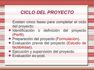 CICLO DEL PROYECTO Existen cinco fases para completar el ciclo del proyecto: Identificación o definición del proyecto ( Perfil ). Preparación del proyecto ( Formulación ). Evaluación previa del proyecto ( Estudio de factibilidad ). Ejecución y supervisión del proyecto. Evaluación ex-post.  