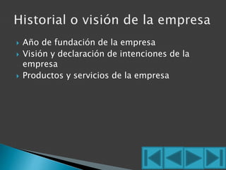  Año de fundación de la empresa 
 Visión y declaración de intenciones de la 
empresa 
 Productos y servicios de la empresa 
 