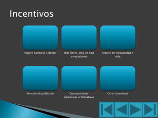 Seguro sanitario o dental Días libres, días de baja 
o vacaciones 
Seguro de incapacidad o 
vida 
Pensión de jubilación Oportunidades 
educativas o formativas 
Otros incentivos 
 