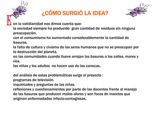 ¿CÓMO SURGIÓ LA IDEA?
en la cotidianidad nos dimos cuenta que:
la sociedad siempre ha producido gran cantidad de residuos sin ninguna
preocupación.
con el consumismo ha aumentado considerablemente la cantidad de
basuras.
la falta de cultura y civismo de los seres humanos que no se preocupan por
la destrucción del planeta.
en las comunidades cuando llueve arrojan las basuras a las calles, mares y
ríos.
las niñas y los adultos no hacen uso de las canecas.
del análisis de estas problemáticas surge el proyecto :
programas de televisión.
inquietudes y preguntas de las niñas.
reflexiones y cuestionamientos por parte de las docentes frente al manejo
de las basuras que producen malos olores y son focos de insectos que
originan enfermedades infecto-contagiosas.
E
 