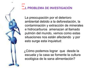EL PROBLEMA DE INVESTIGACIÓN
La preocupación por el deterioro
ambiental debido a la deforestación, la
contaminación y extracción de minerales
e hidrocarburos amenazan al llamado
pulmón del mundo, vemos como estas
situaciones nos están afectando y por
esto surge esta inquietud:
¿Cómo podemos lograr que desde la
escuela y la casa se fomente la cultura
ecológica de la sana alimentación?
 